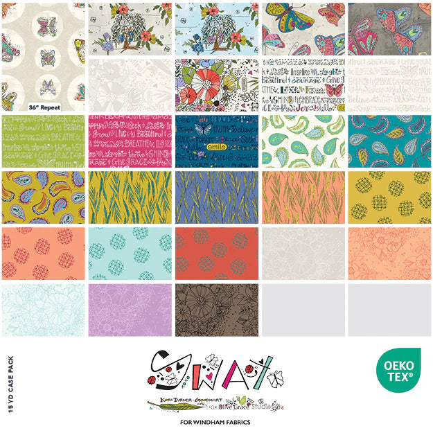 10" Squares Cotton Fabric Layer Cake - Sway" featuring a colorful assortment of cotton fabric squares with floral, butterfly, paisley, and text designs, ideal for modern needlework and quilting projects.