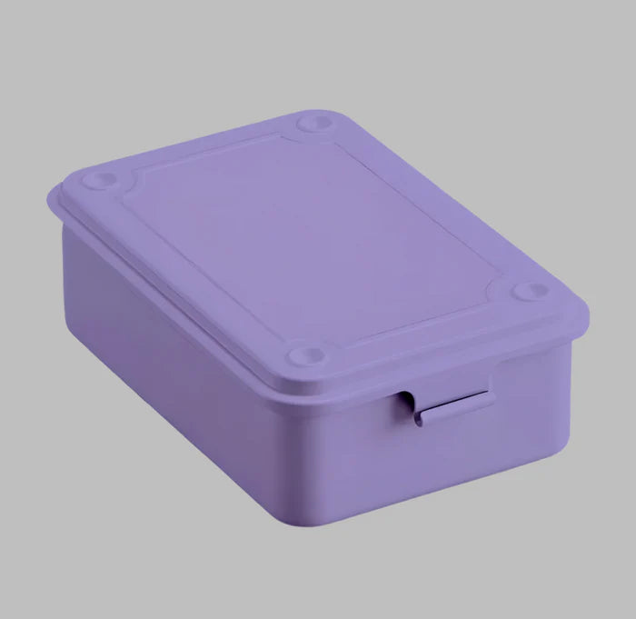 Purple steel rectangular box with a lid on a gray background