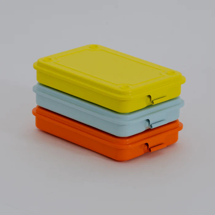 Stacked Toyo Steel T-152 Small Metal Storage Box set in yellow, light blue, and orange colors, ideal for organizing embroidery thread, Japanese craft supplies, and needlework notions.