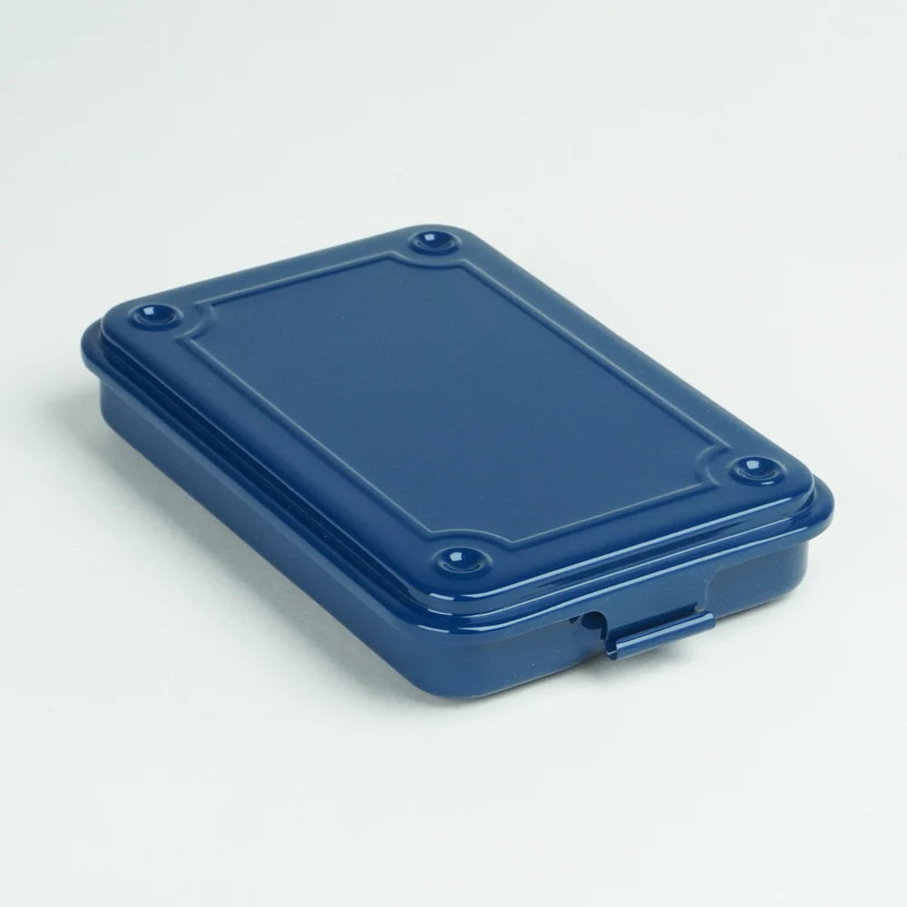 Toyo Steel T-152 Small Metal Storage Box in indigo blue, designed for securely organizing and storing small craft supplies like embroidery floss and needlework notions.