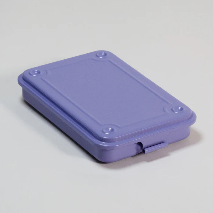 Purple rectangular Japanese steel storage box with a lid on a light gray background