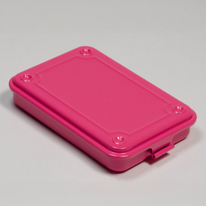 Toyo Steel T-152 Small Metal Storage Box in vibrant pink, designed for organizing needlework supplies with durable metal construction and secure latch closure.
