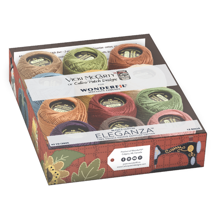 Wonderfil Perle Cotton Set - Vicki McCarty Harvest featuring 12 balls of double cotton thread in autumn-inspired shades, ideal for embroidery, cross stitch, and needlework projects.