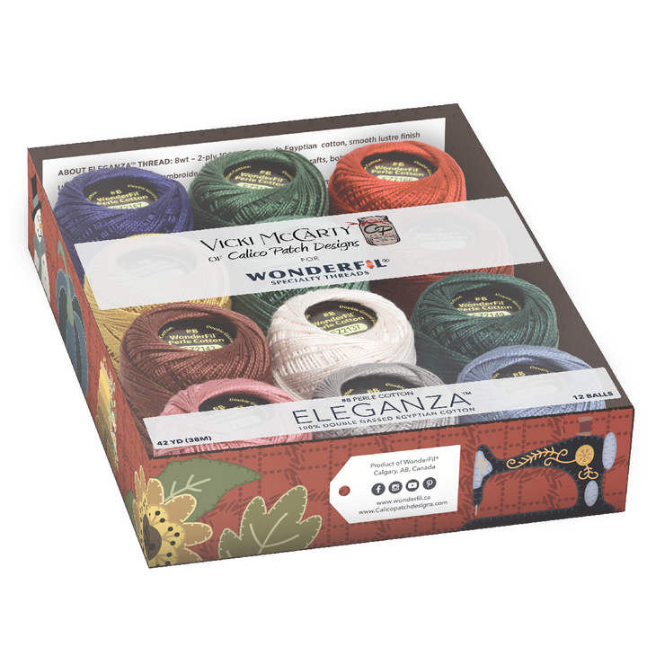 Wonderfil Perle Cotton Set - Vicki McCarty Winter featuring a collection of colorful embroidery threads in a decorative package, ideal for modern needlework and cross stitch projects.