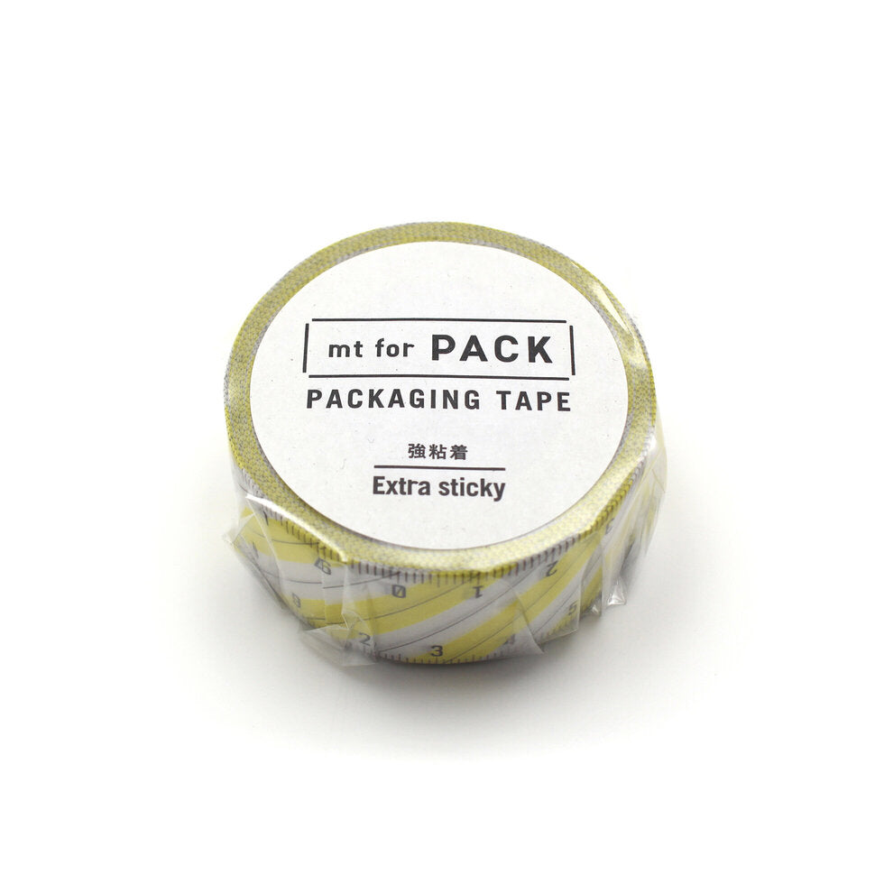 A roll of mt Pack Japanese Washi Tape - Yellow Striped Ruler featuring a yellow design with ruler markings, suitable for Japanese craft supplies and modern needlework projects.