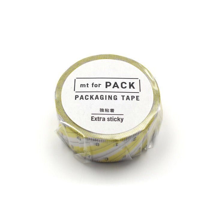A roll of mt Pack Japanese Washi Tape - Yellow Striped Ruler featuring a yellow design with ruler markings, suitable for Japanese craft supplies and modern needlework projects.