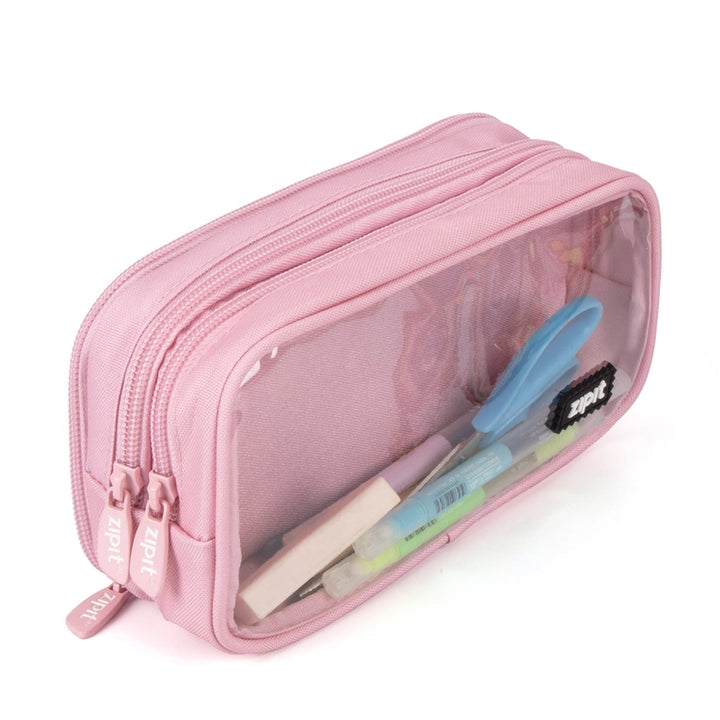 Half & Half Zipper Pouch in soft pink with two zip compartments and a clear front panel, ideal for organizing embroidery thread, notions, and modern needlework supplies.