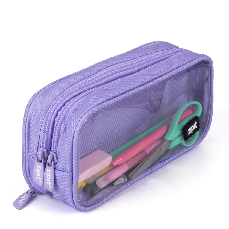 Half & Half Zipper Pouch in lavender color featuring dual compartments visible through a clear window, holding scissors, pens, and sewing notions for modern needlework enthusiasts.