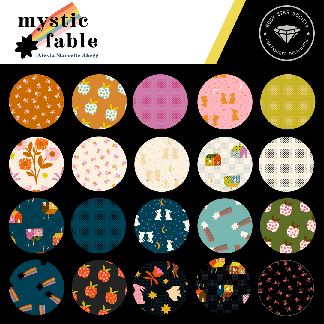 5" Cotton Fabric Charm Pack - Ruby Star Society Mystic Fable featuring colorful modern needlework fabric squares with whimsical patterns including animals, flowers, and houses, ideal for quilting and sewing projects.