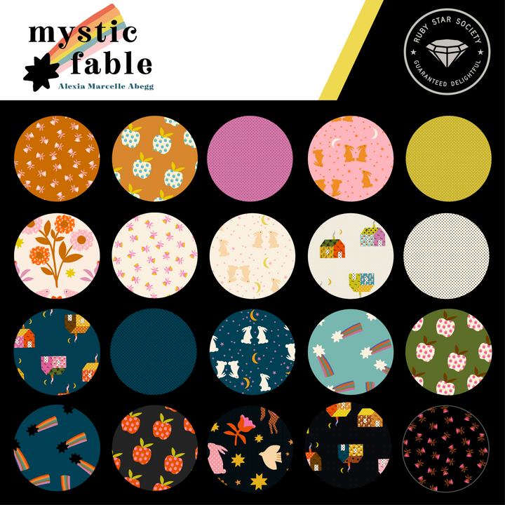 5" Cotton Fabric Charm Pack - Ruby Star Society Mystic Fable featuring colorful modern needlework fabric squares with whimsical patterns including animals, flowers, and houses, ideal for quilting and sewing projects.
