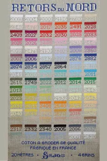 Retors du Nord French Embroidery Floss - Complete Set displaying an array of vibrant embroidery thread colors organized in labeled sections, ideal for modern needlework and craft projects.
