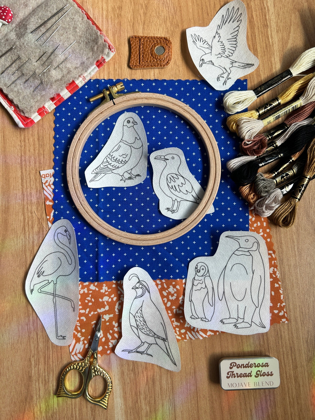 Embroidery hoop with fabric and printed bird patterns alongside embroidery floss, needle holder, scissors, and needles for Odd Birds Stick & Stitch Embroidery Patterns.