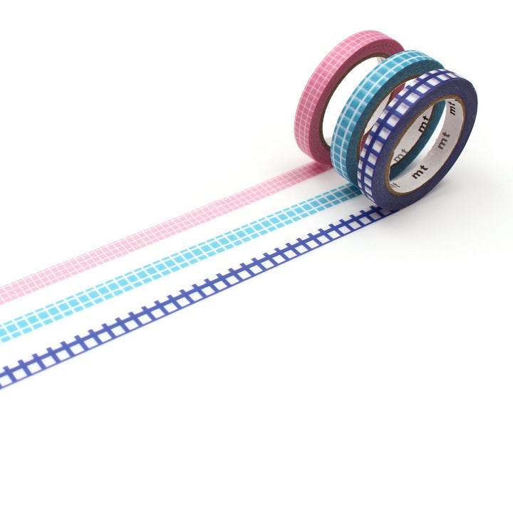 Japanese Washi Tape Collection - mt slim Deco Grid (3 pack) featuring pink, light blue, and navy blue grid patterns, ideal for Japanese craft supplies and modern needlework projects.