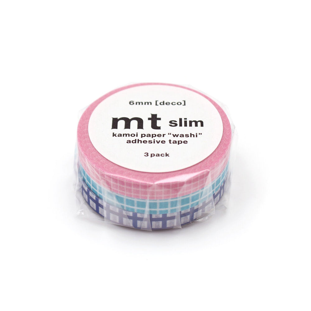 Japanese Washi Tape Collection - mt slim Deco Grid (3 pack) featuring three rolls of slim decorative grid-patterned adhesive tape, perfect for Japanese craft supplies and modern needlework projects.