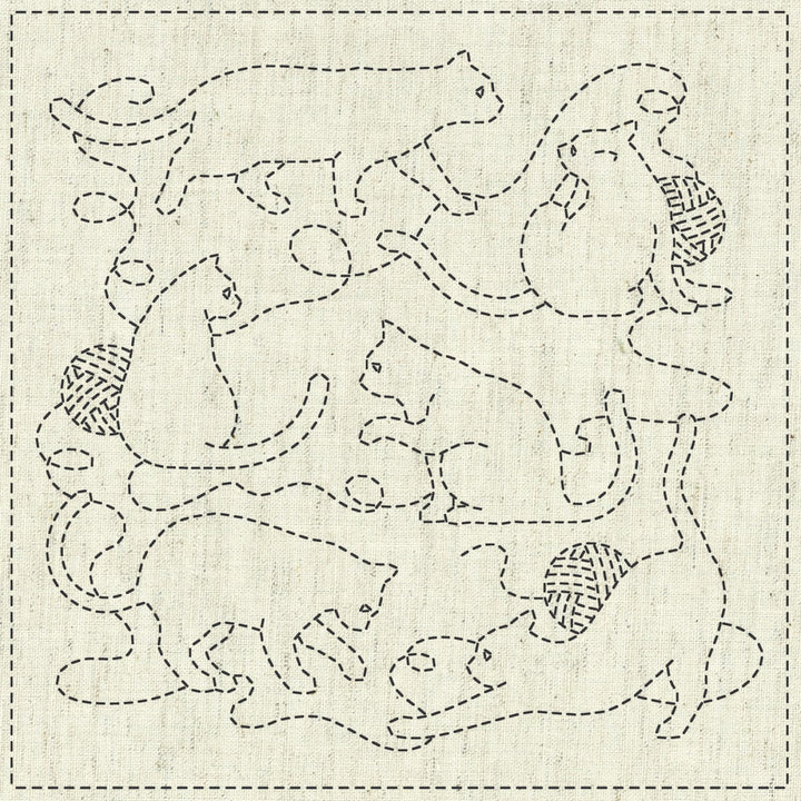 All You Need is Cats Sashiko Sampler features hand-stitched sashiko embroidery of playful cats with decorative thread details on natural fabric, showcasing Japanese craft supplies style.
