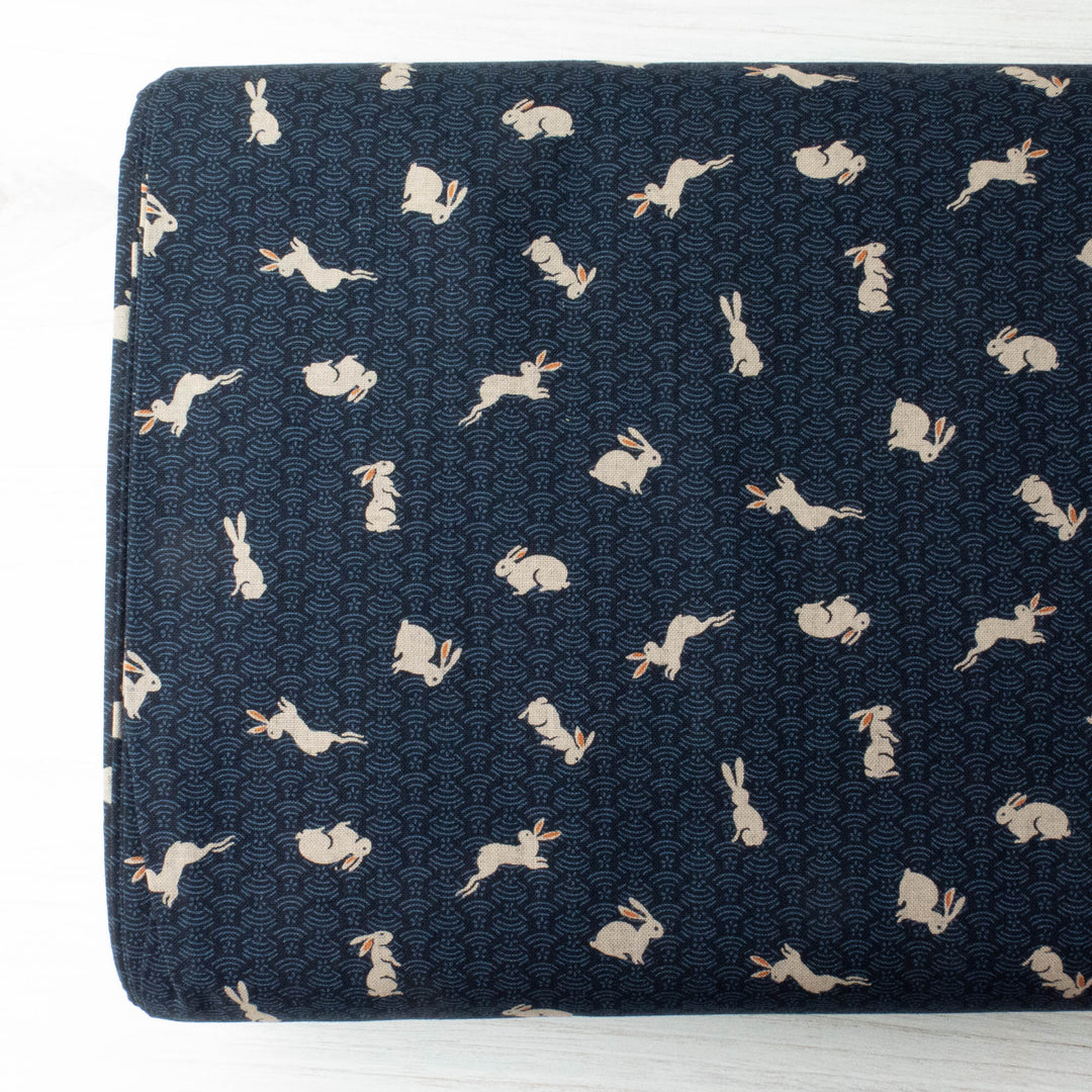 Sevenberry Kasuri : Bunnies on Navy Waves Fabric - Snuggly Monkey