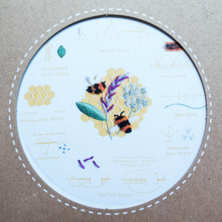 Kiriki Press Embroidery Stitch Sampler - Honeybees Embroidery Kit - Snuggly Monkey