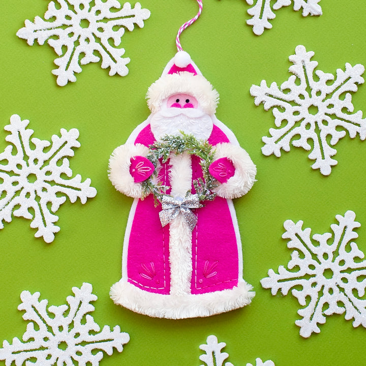 PDF PATTERN - Santa with Glitter Wreath Wool Felt Ornament Pattern