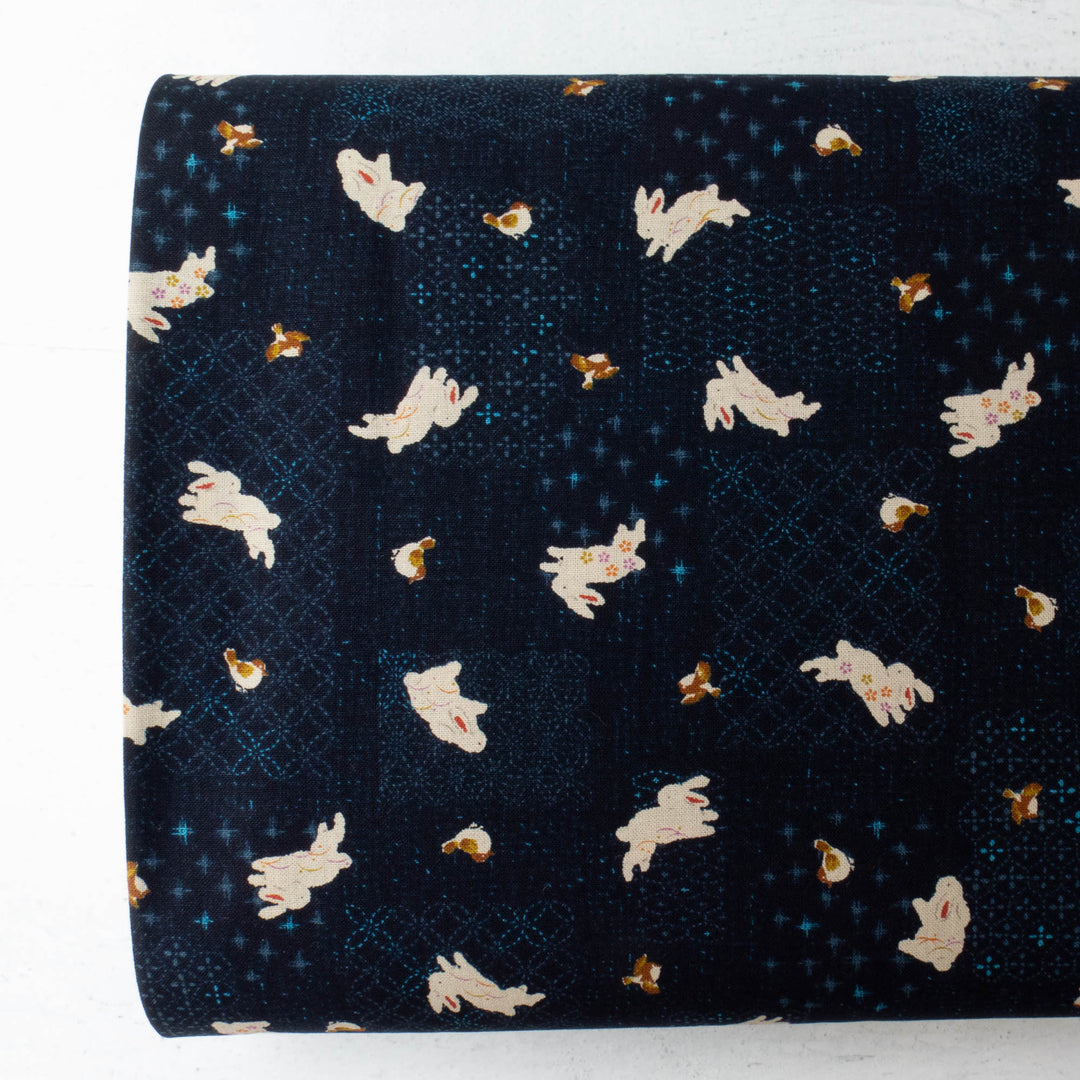 Sevenberry Kasuri : Bunnies and Birds on Navy