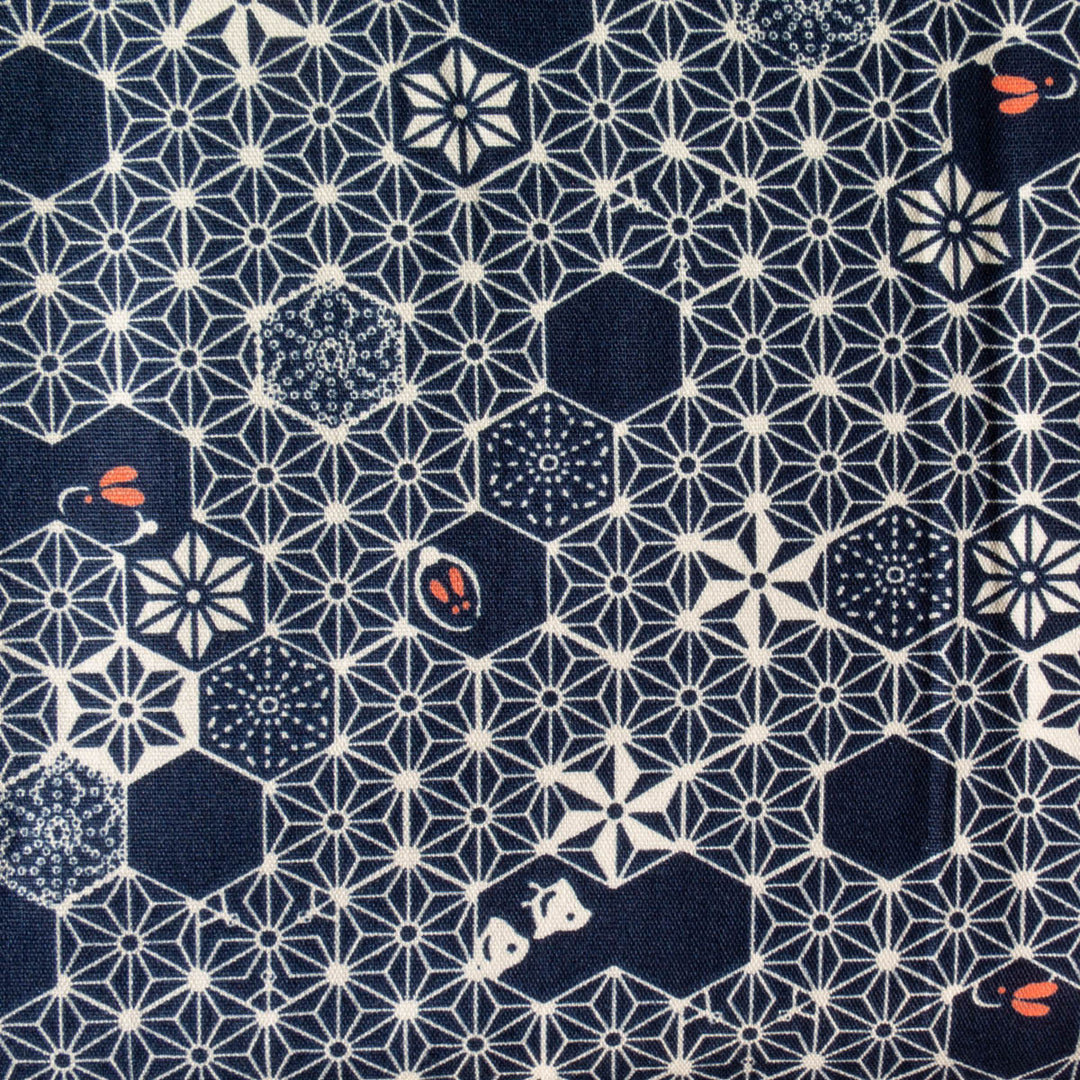 Navy Hexagons Asa No Ha with Bunnies Cotton Fabric