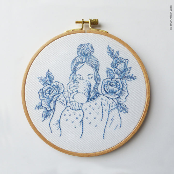 Blue Floral Lady Embroidery Kit
