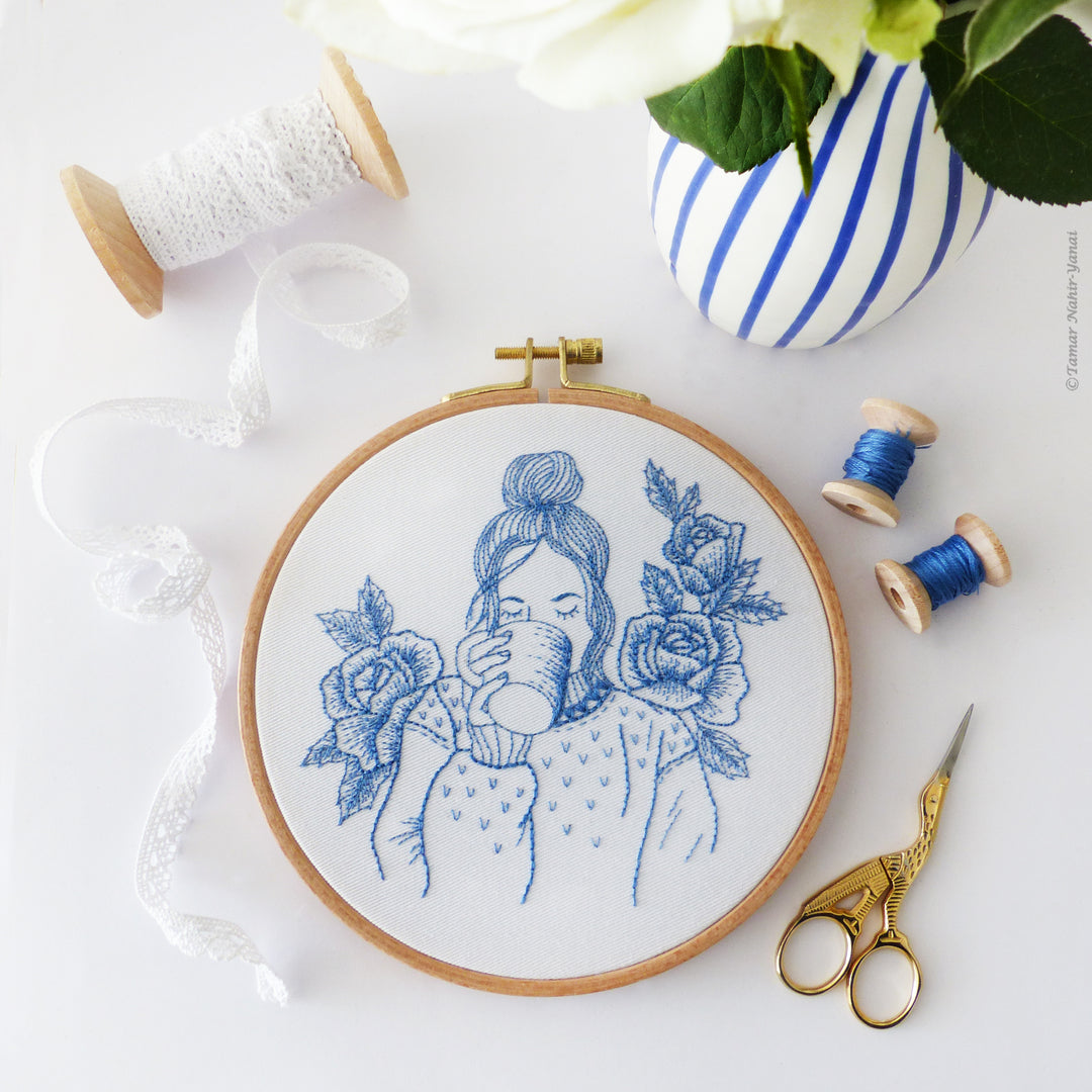 Blue Floral Lady Embroidery Kit