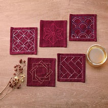 Kofu Tsumugi Red Sashiko Coasters Sampler Sashiko - Snuggly Monkey