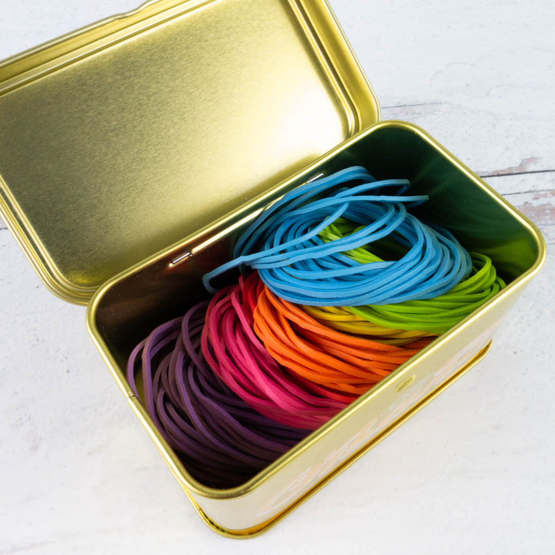 Rainbow Rubber Bands Gold Tin