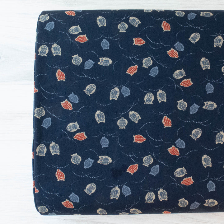 Sevenberry Kasuri : Little Owls on Navy Fabric - Snuggly Monkey