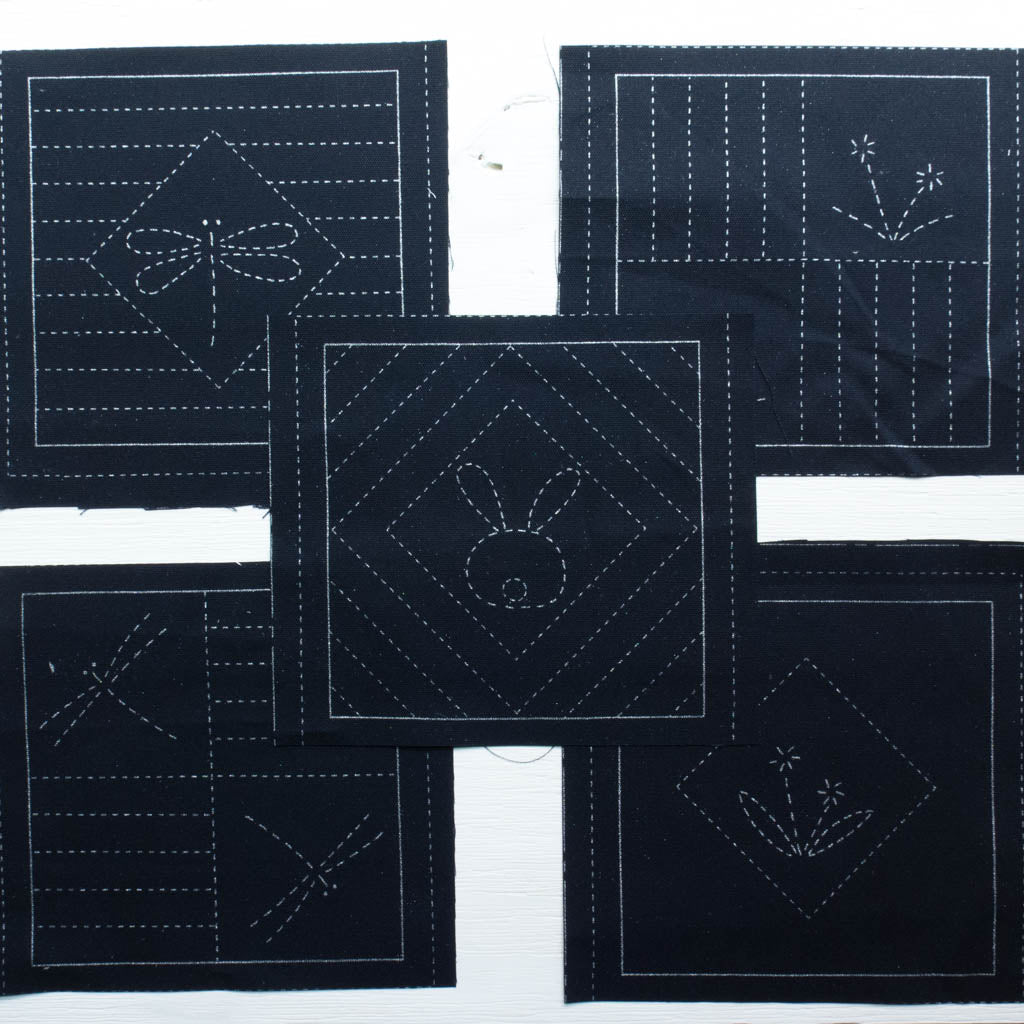 Sashiko Sampler - 5 Quilt Blocks Sashiko - Snuggly Monkey